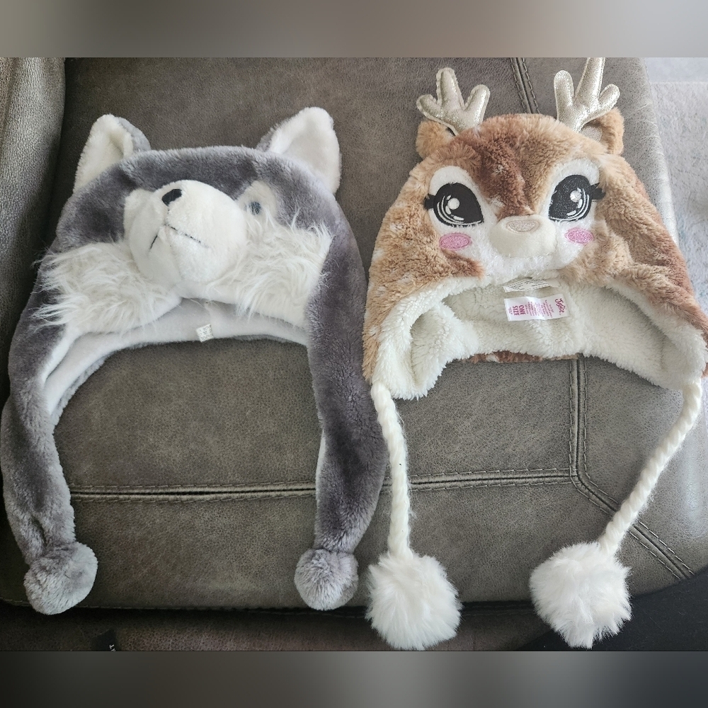Two Animal Beanies Pom Poms Plush Wolf Reindeer Sparkle Glitter Winter Snow